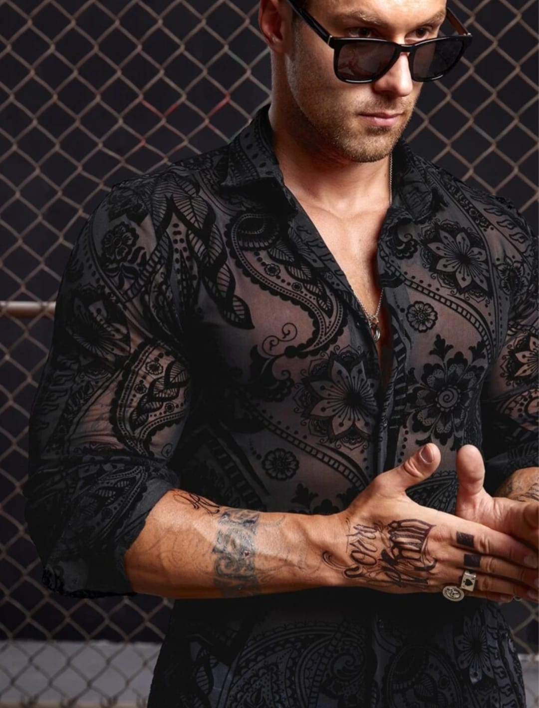 Men's Black Sheer Floral Printed Slim Fit Shirt